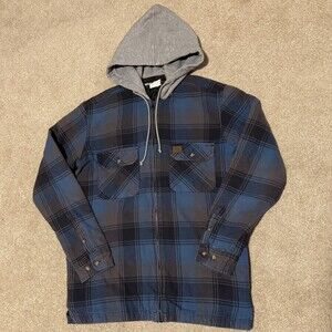 Wrangler Riggs Workwear Mens Hooded Full Zip Flannel Jacket Blue Gray Plaid Sz L
